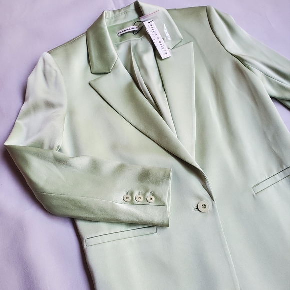 NWT$495 Alice and Olivia Denny Satin Single Breasted Blazer Jacket in Green Sz 8 - Picture 10 of 15